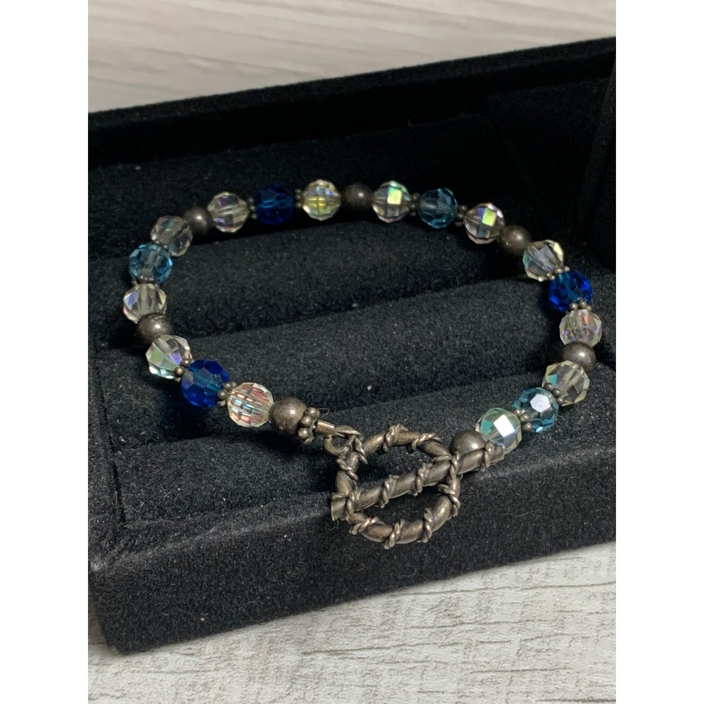 Vintage Beaded Crystal Bracelet Blue Aurora Borealis Silver Tone Toggle Clasp 6"